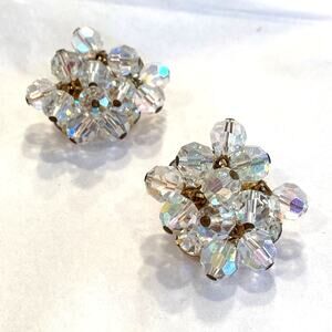 Vintage clip on earrings clear crystal clusters dangles movement retro bling